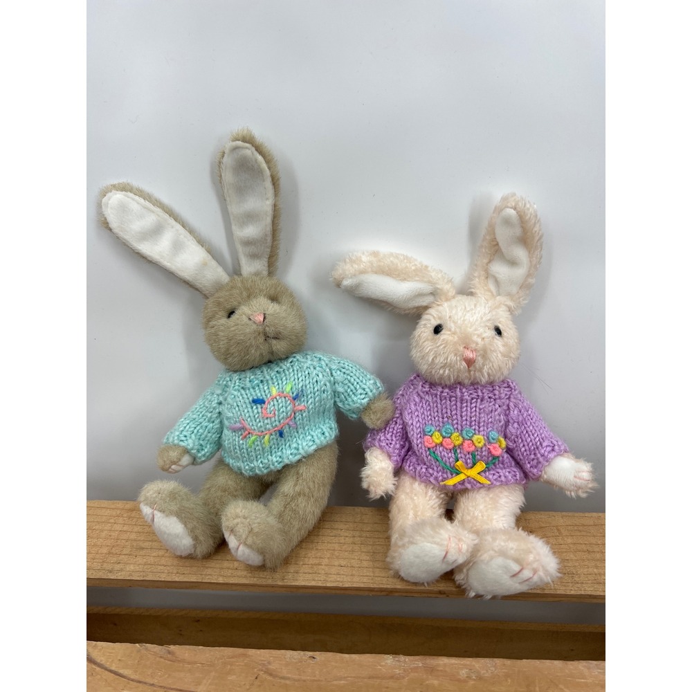 Vtg Plush Hugfun‎ Bunny Rabbit Set Pair Twins Knit Sweaters Teal Purple Easter